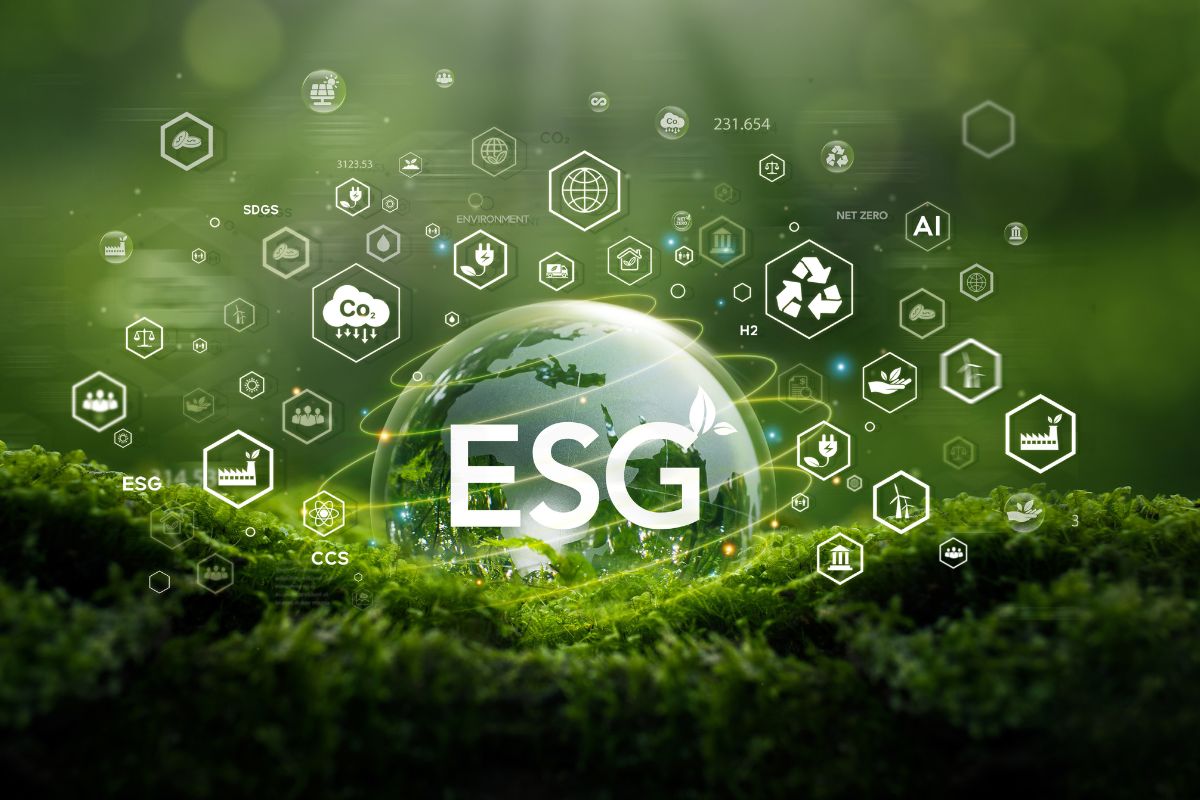 Globe terrestre entouré d'icônes environnementales, sociales et de gouvernance